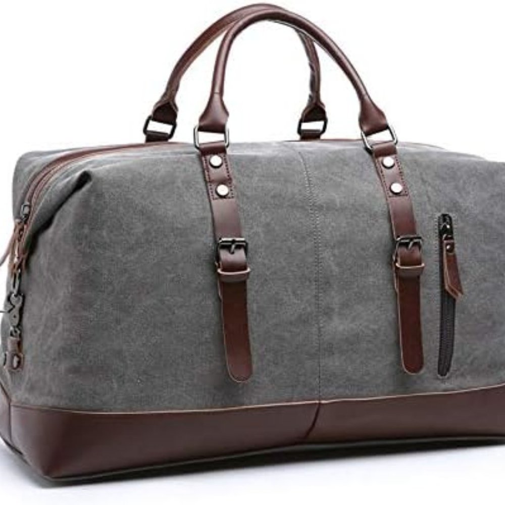 NEW! Grey Duffle Bag Canvas Leather Travel Sports Bag Outdoor Business Stora…